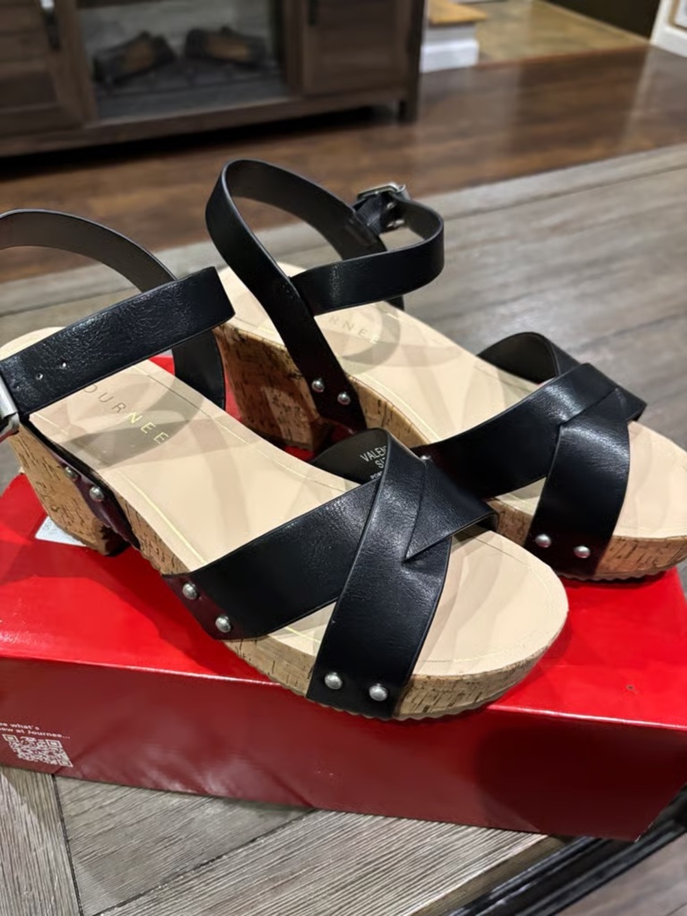 Vaneli Black Leather Cork Platform Sandals